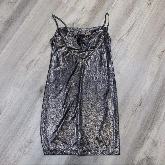 TRUST ME Vintage Dresses & Skirts - Vintage Circa 1980 TRUST ME Disco Metallic Silver Black Cowl Neck Mini Dress USA